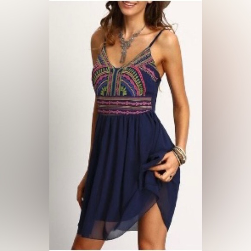 Navy blue chiffon summer dress - sown once